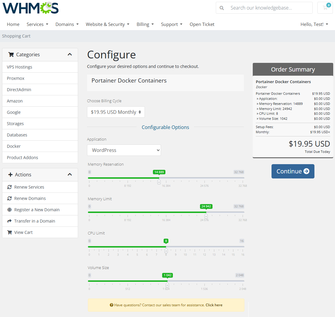 Portainer Docker Containers For WHMCS: WHMCS cart configure page with application dropdown and memory, CPU and volume
