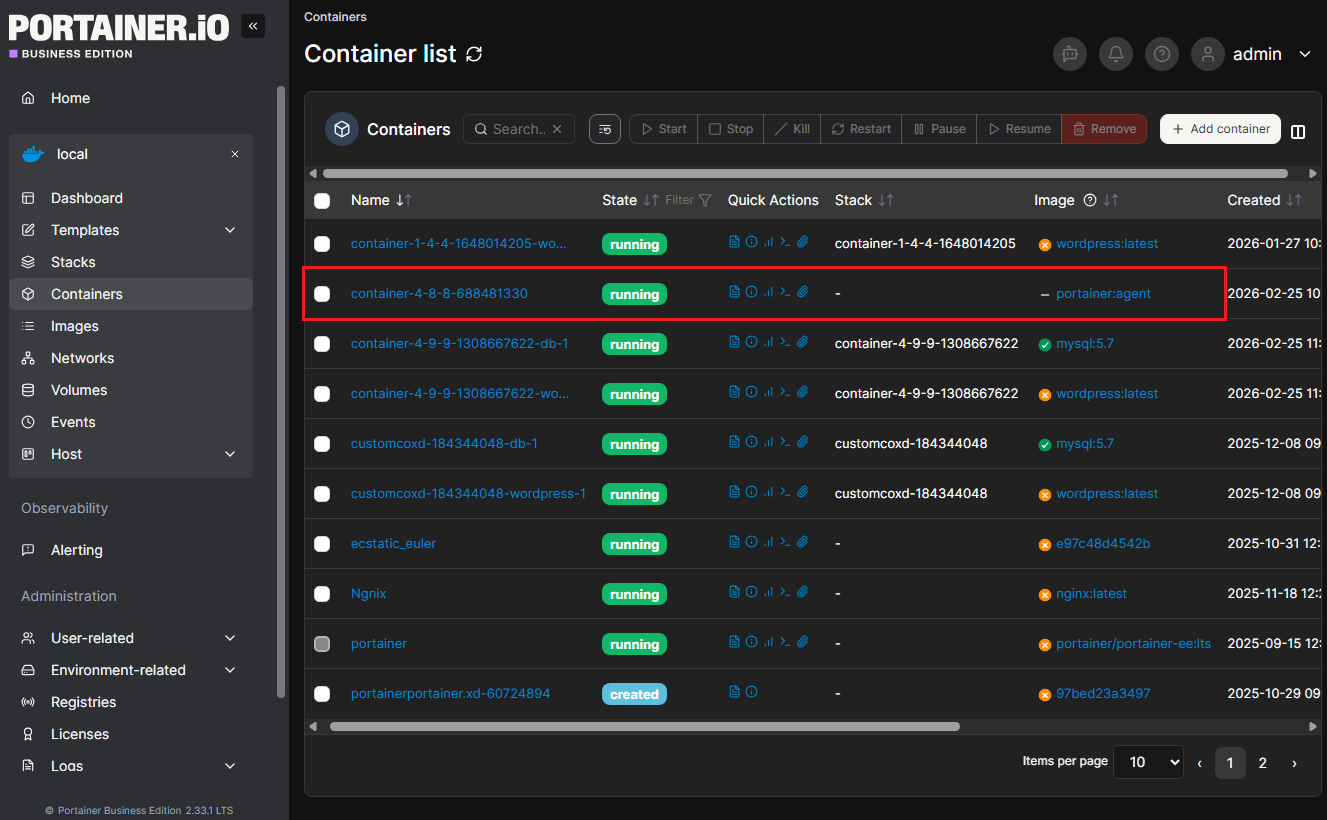 Portainer Docker Containers For WHMCS: Portainer Container list with the portainer agent container for the DinD node