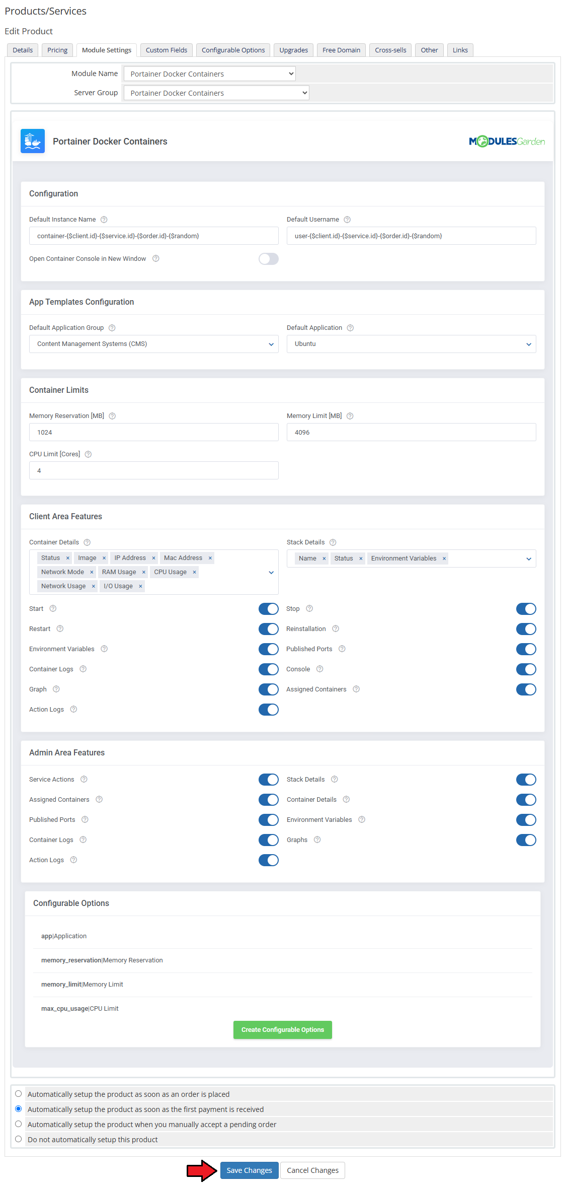 Portainer Docker Containers For WHMCS: complete product Module Settings page with all sections and the Save Changes