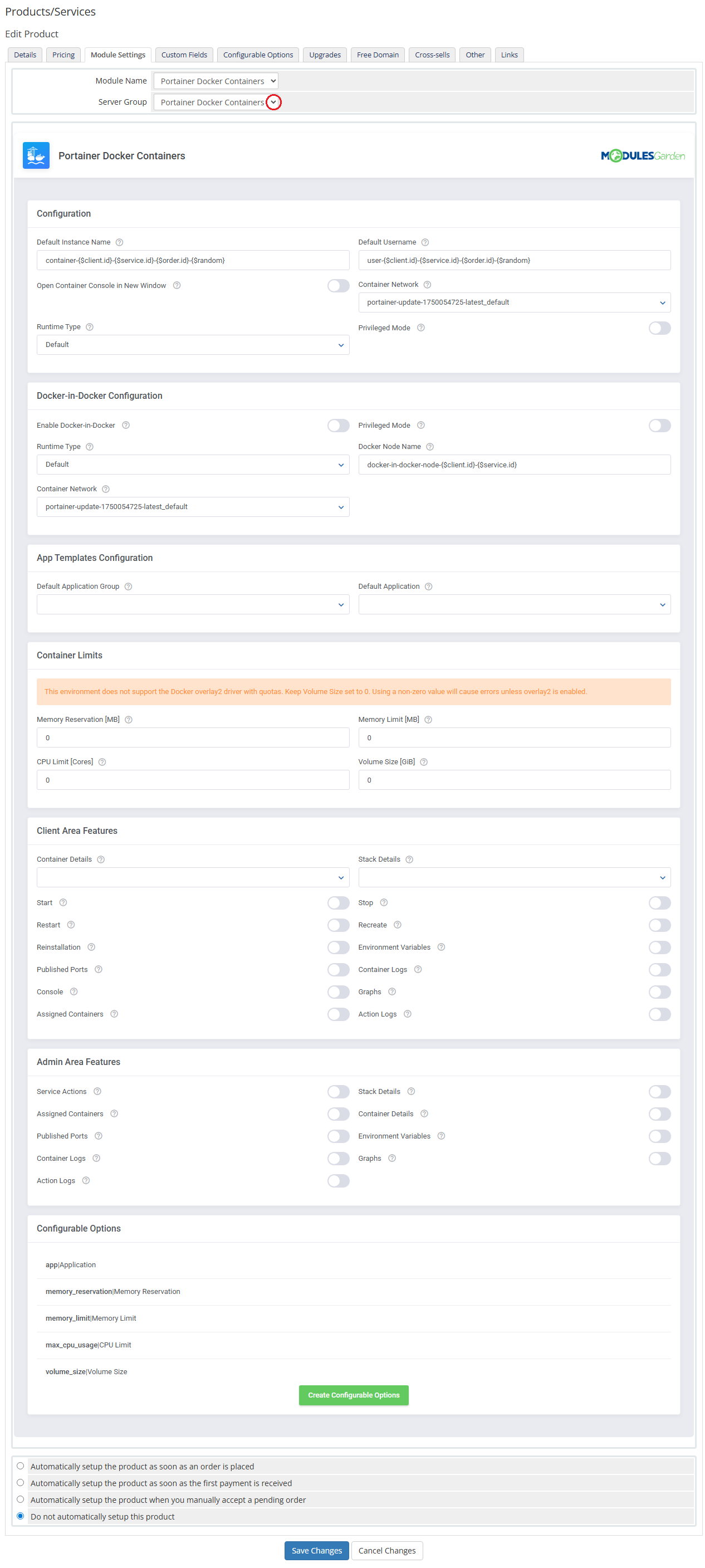 Portainer Docker Containers For WHMCS: product Module Settings tab with the server group dropdown and module