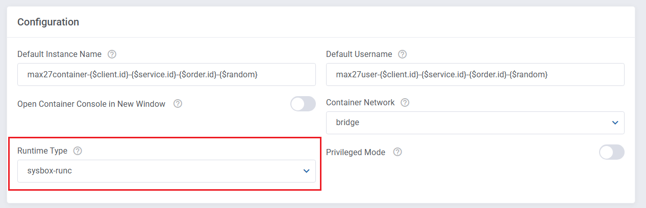 Portainer Docker Containers For WHMCS: product configuration with the Runtime Type field set to sysbox-runc highlighted