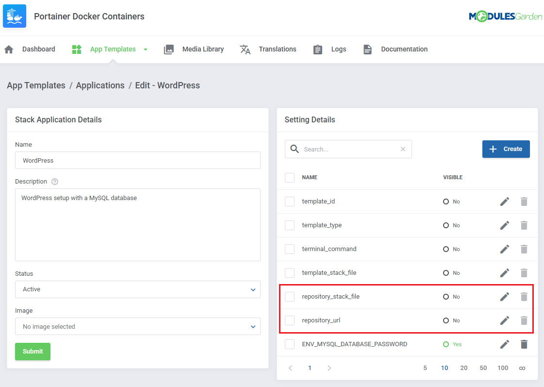 Portainer Docker Containers For WHMCS: WordPress stack application with the repository_stack_file and repository_url
