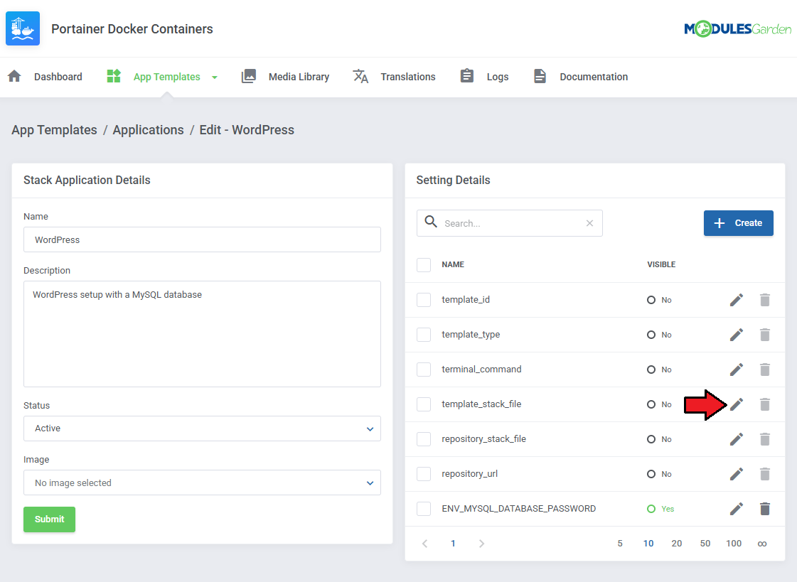 Portainer Docker Containers For WHMCS: WordPress stack application edit page with an arrow on the template_stack_file