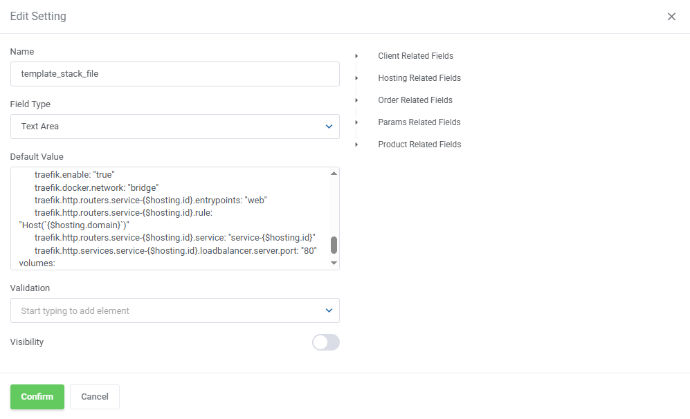 Portainer Docker Containers For WHMCS: template_stack_file editor with Traefik labels and port 80 inside a stack