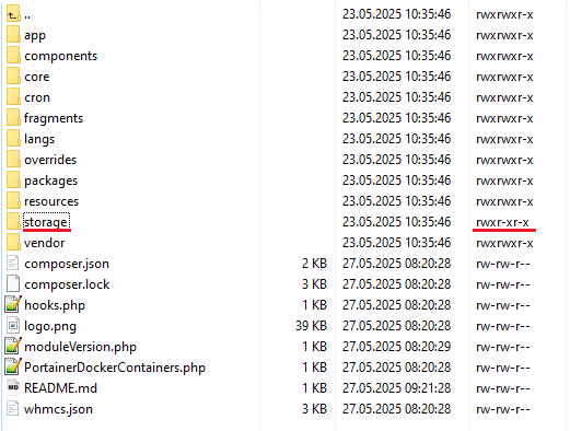 Portainer Docker Containers For WHMCS: file manager with the storage folder permissions to set as writable