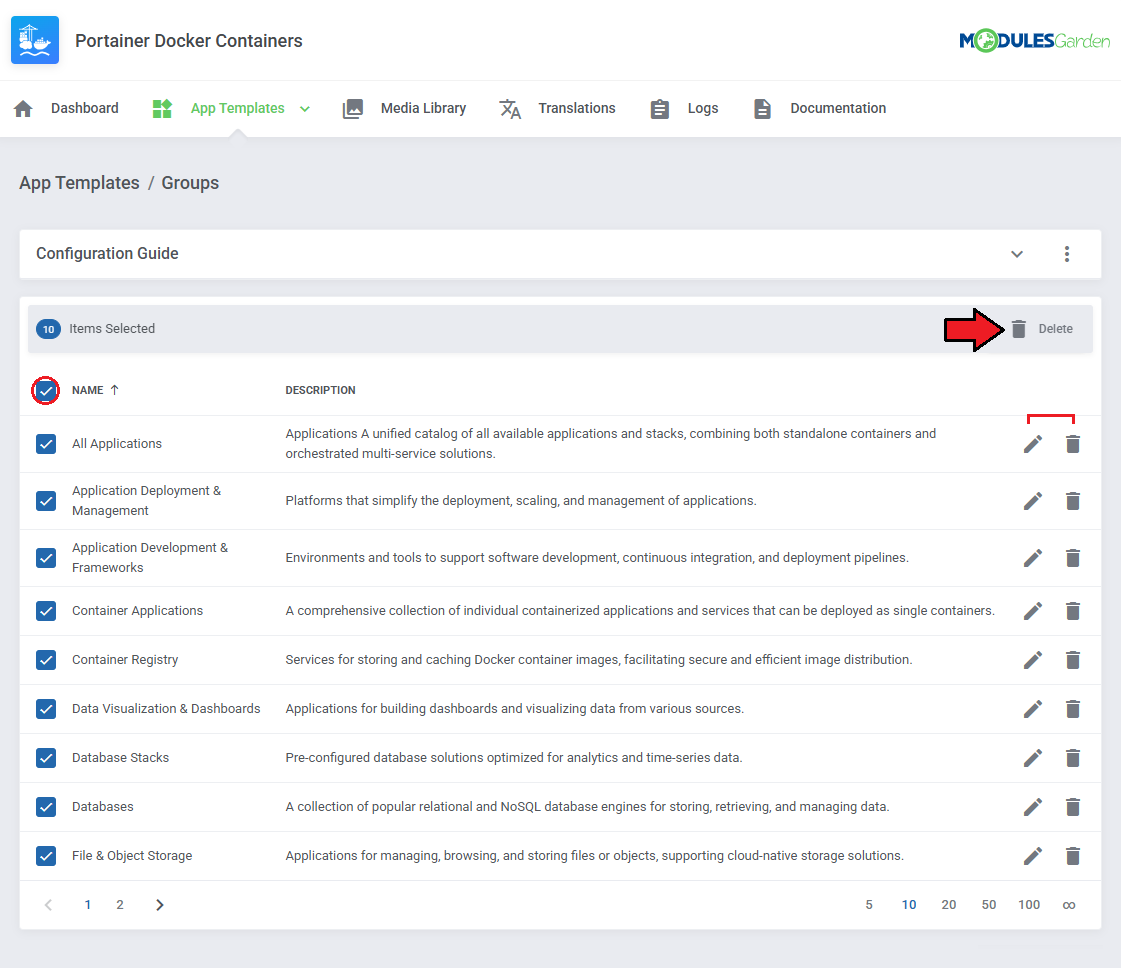 Portainer Docker Containers For WHMCS: Groups list with all groups selected and the mass Delete and row action buttons