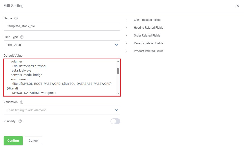 Portainer Docker Containers For WHMCS: template_stack_file editor with a literal wrapper around a MySQL password