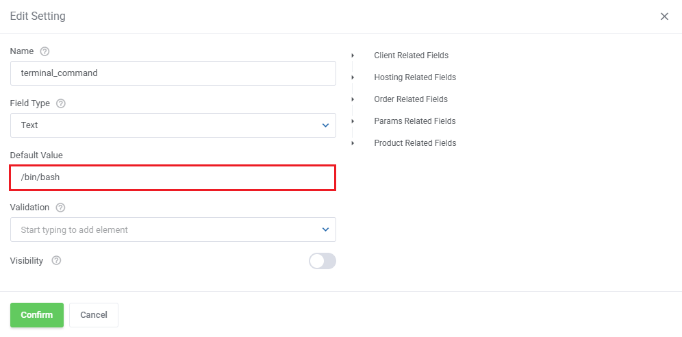 Portainer Docker Containers For WHMCS: terminal_command setting edit form with the default value /bin/bash highlighted