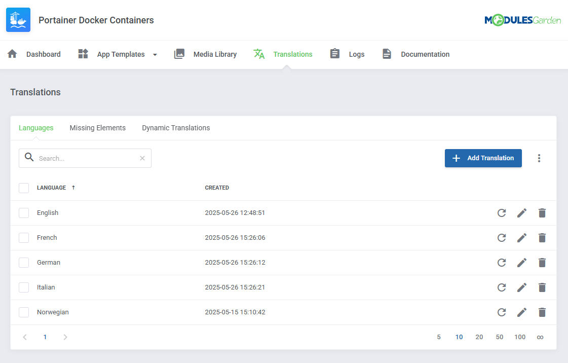 Portainer Docker Containers For WHMCS: Translations page in the addon module with a list of languages and Add