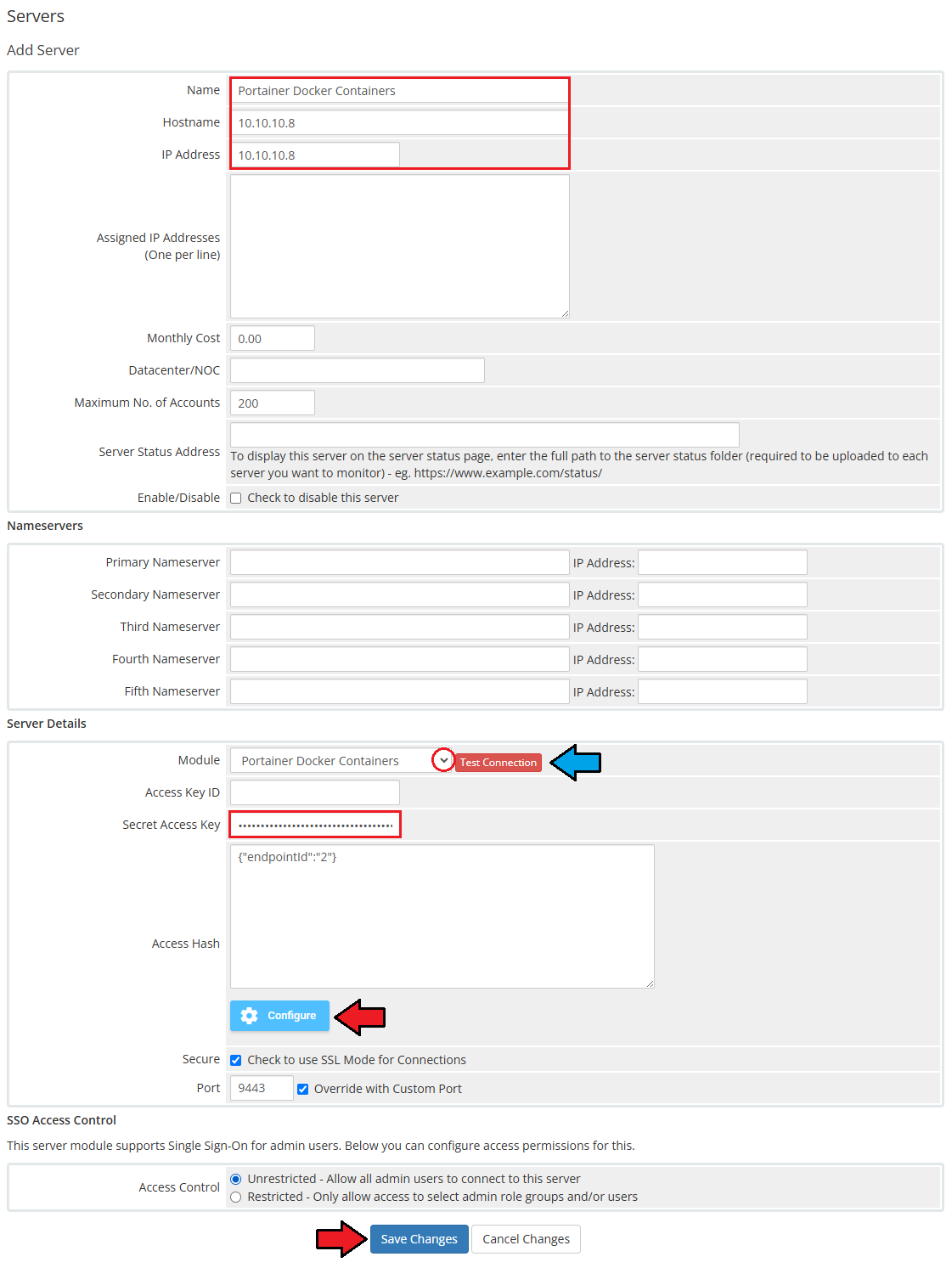 Portainer Docker Containers For WHMCS: WHMCS Add Server form with name, hostname, IP address, module and Configure