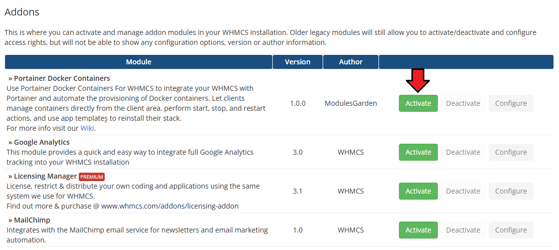Portainer Docker Containers For WHMCS: WHMCS Addon Modules list with the Activate button next to the module