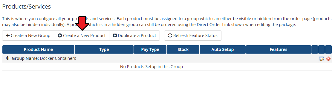 Portainer Docker Containers For WHMCS: WHMCS Products/Services page with the Create a New Product button