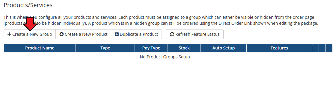 Portainer Docker Containers For WHMCS: WHMCS Products/Services page with the Create a New Group button