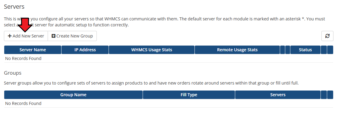 Portainer Docker Containers For WHMCS: WHMCS Servers page with the Add New Server button and empty server list