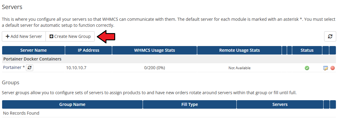 Portainer Docker Containers For WHMCS: WHMCS Servers page with the Portainer server listed and Create New Group button