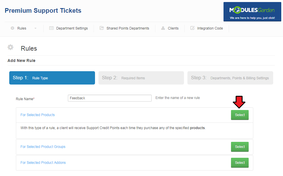 Premium Support Tickets For WHMCS: Add New Rule, step 1 with the rule name field and the Select button for products