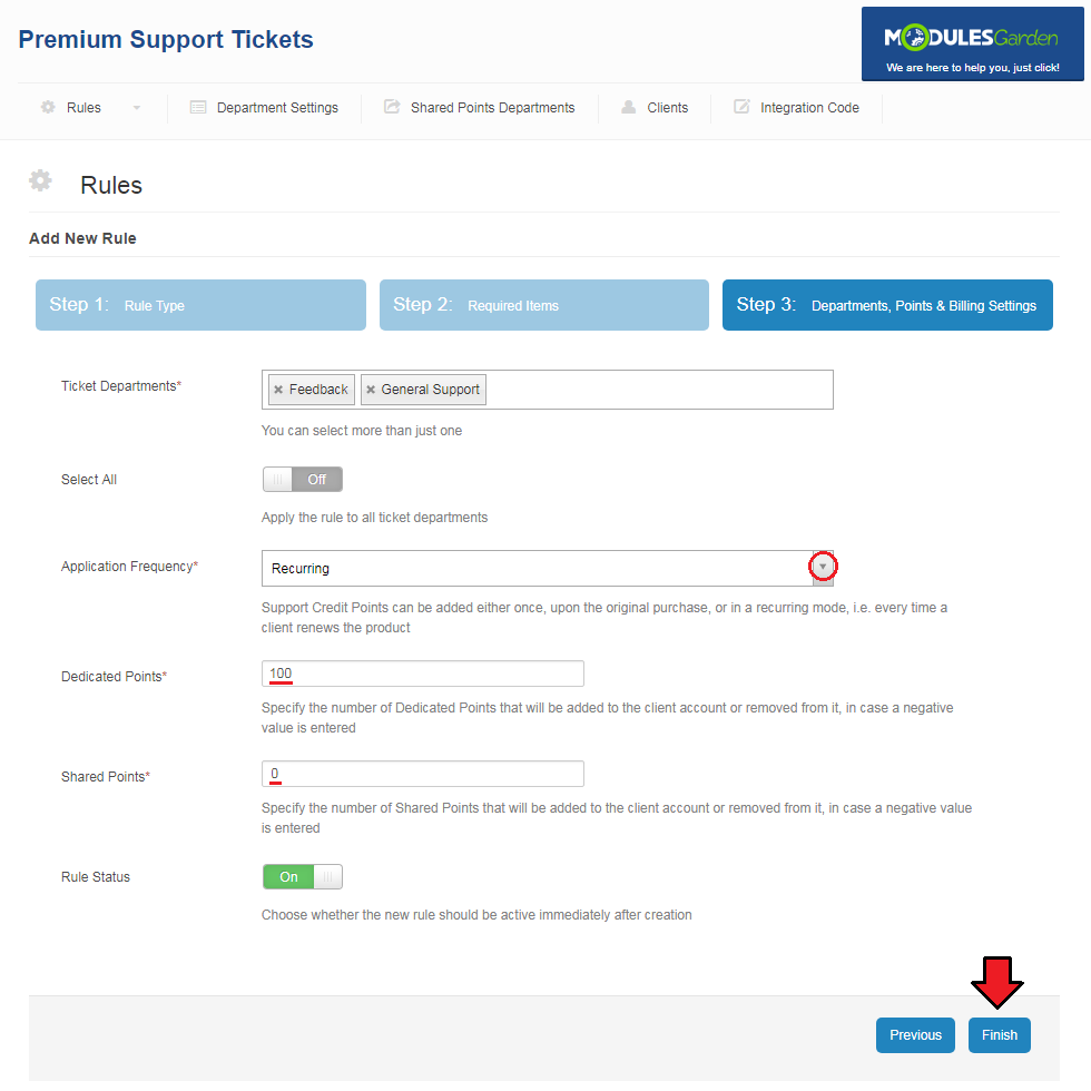Premium Support Tickets For WHMCS: Add New Rule, step 3 with departments, frequency, points and the Finish button
