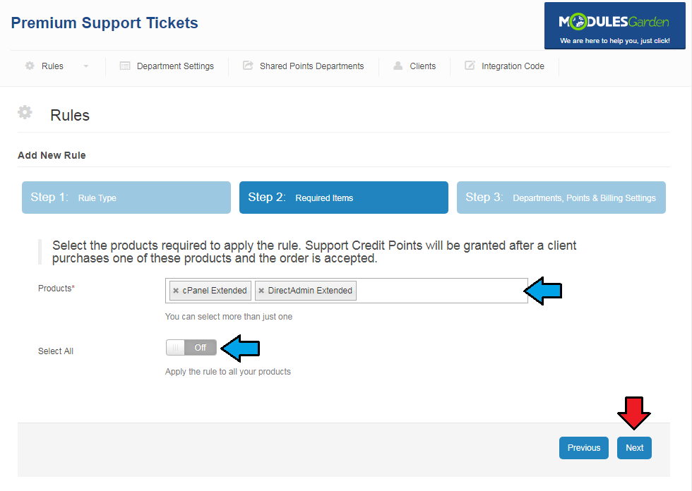 Premium Support Tickets For WHMCS: Add New Rule, step 2 with selected products, the Select All switch and Next button