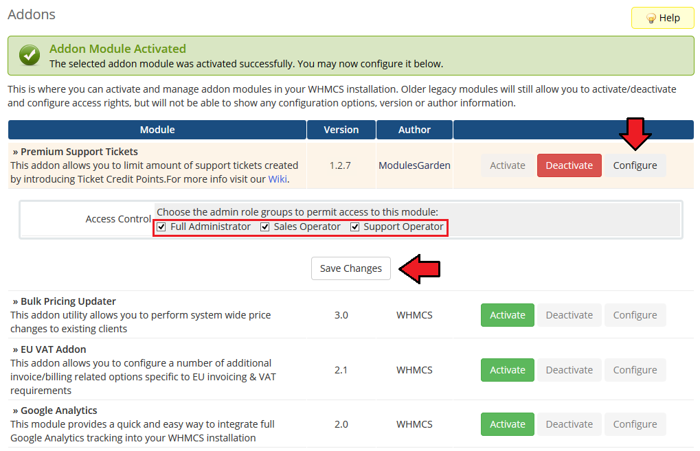 Premium Support Tickets For WHMCS: Addon Modules with the Configure button and Access Control admin role checkboxes