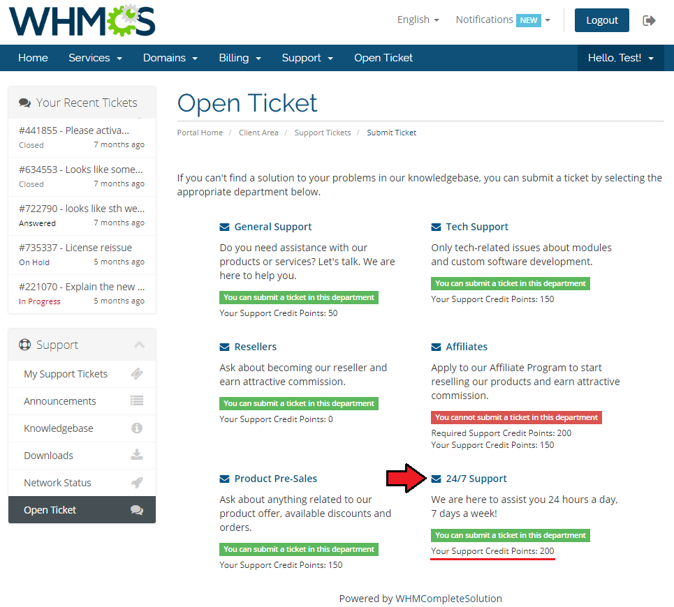 Premium Support Tickets For WHMCS: client area Open Ticket page with 200 points in 24/7 Support