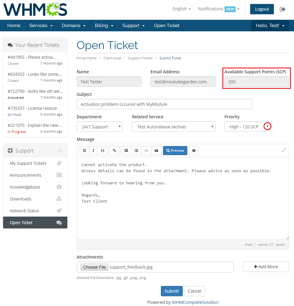 Premium Support Tickets For WHMCS: WHMCS client area Open Ticket form for 24/7 Support with high priority costing 120