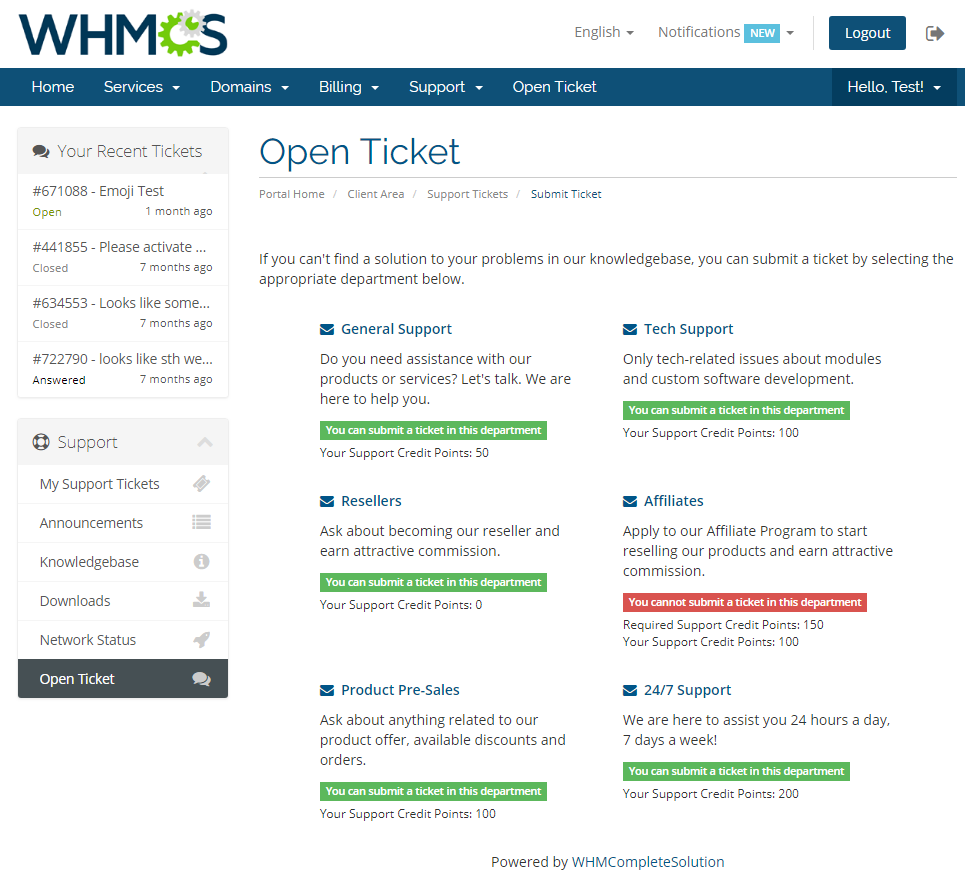 Premium Support Tickets For WHMCS: client area Open Ticket page listing departments with the client points