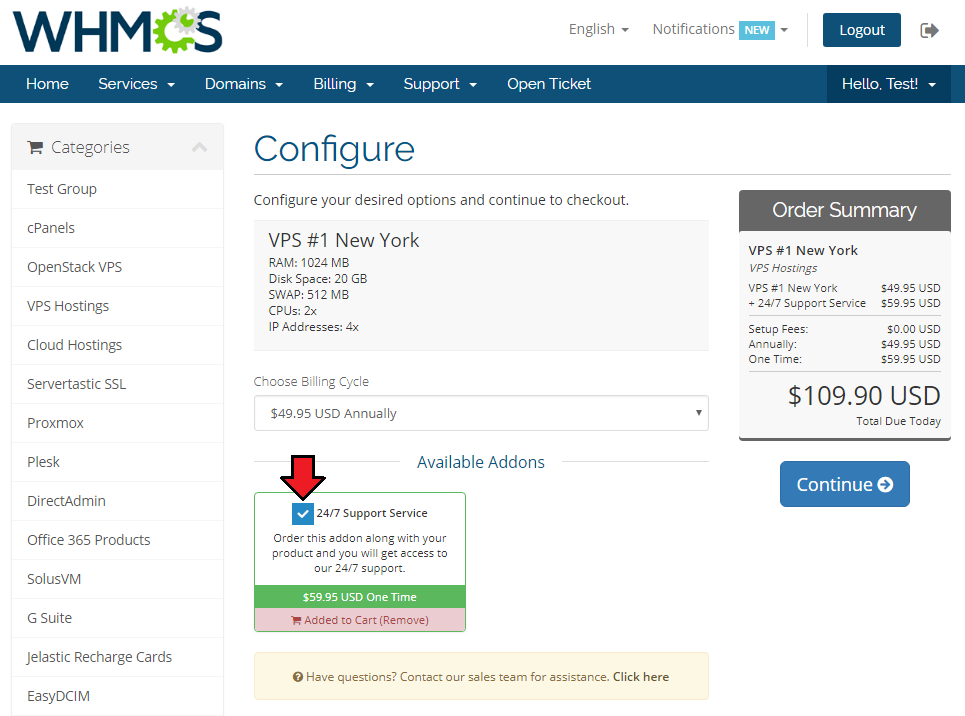 Premium Support Tickets For WHMCS: WHMCS client area order configuration page with the 24/7 Support Service addon ticked
