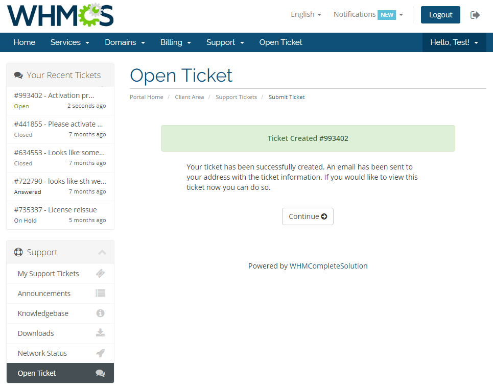 Premium Support Tickets For WHMCS: WHMCS client area confirmation page that the support ticket was successfully created