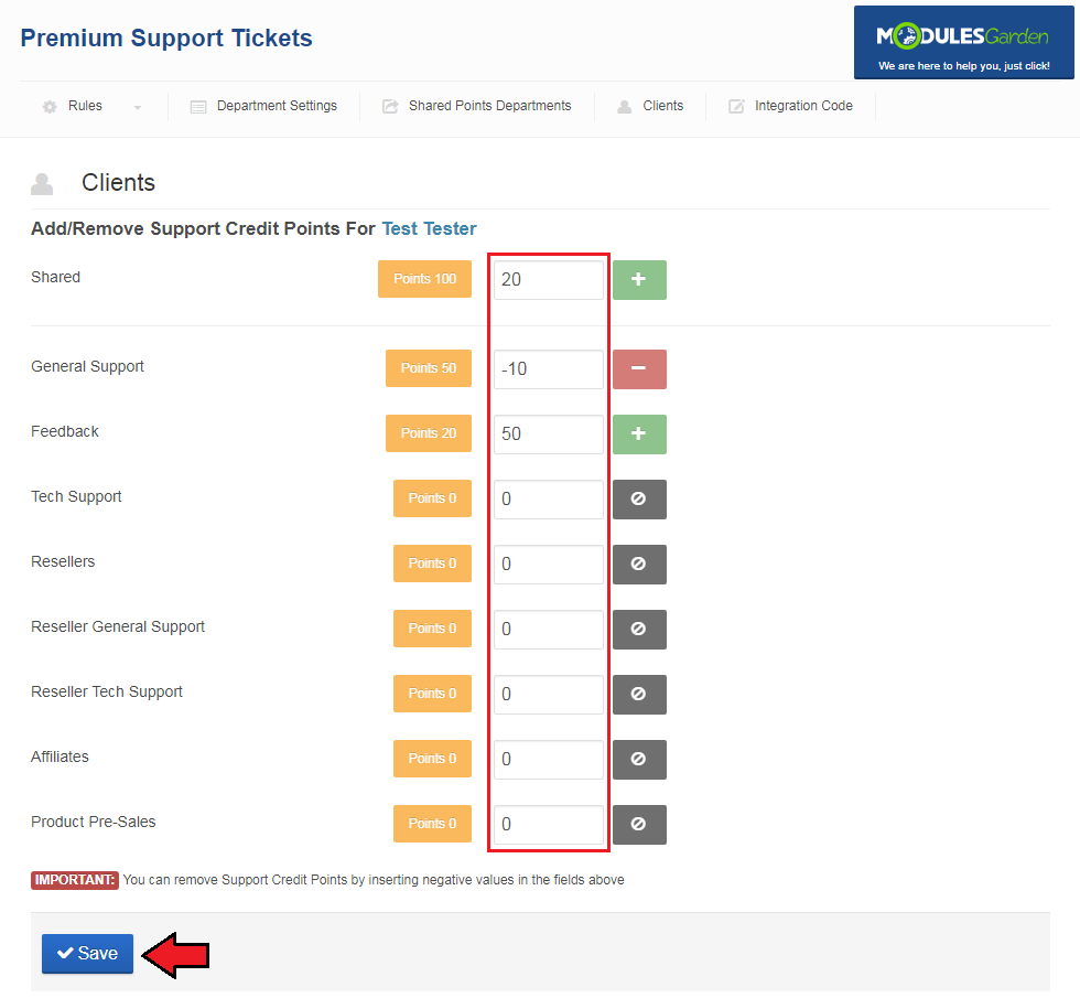 Premium Support Tickets For WHMCS: Add/Remove Support Credit Points form with shared and department fields