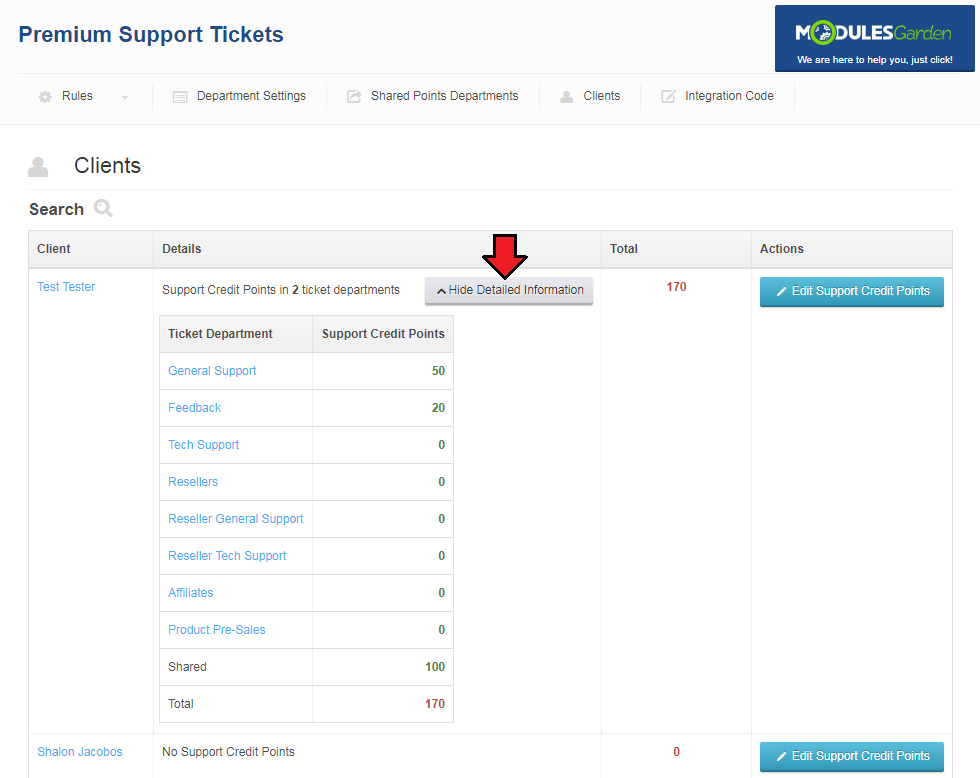 Premium Support Tickets For WHMCS: Clients tab with points per department and the Hide Detailed Information button