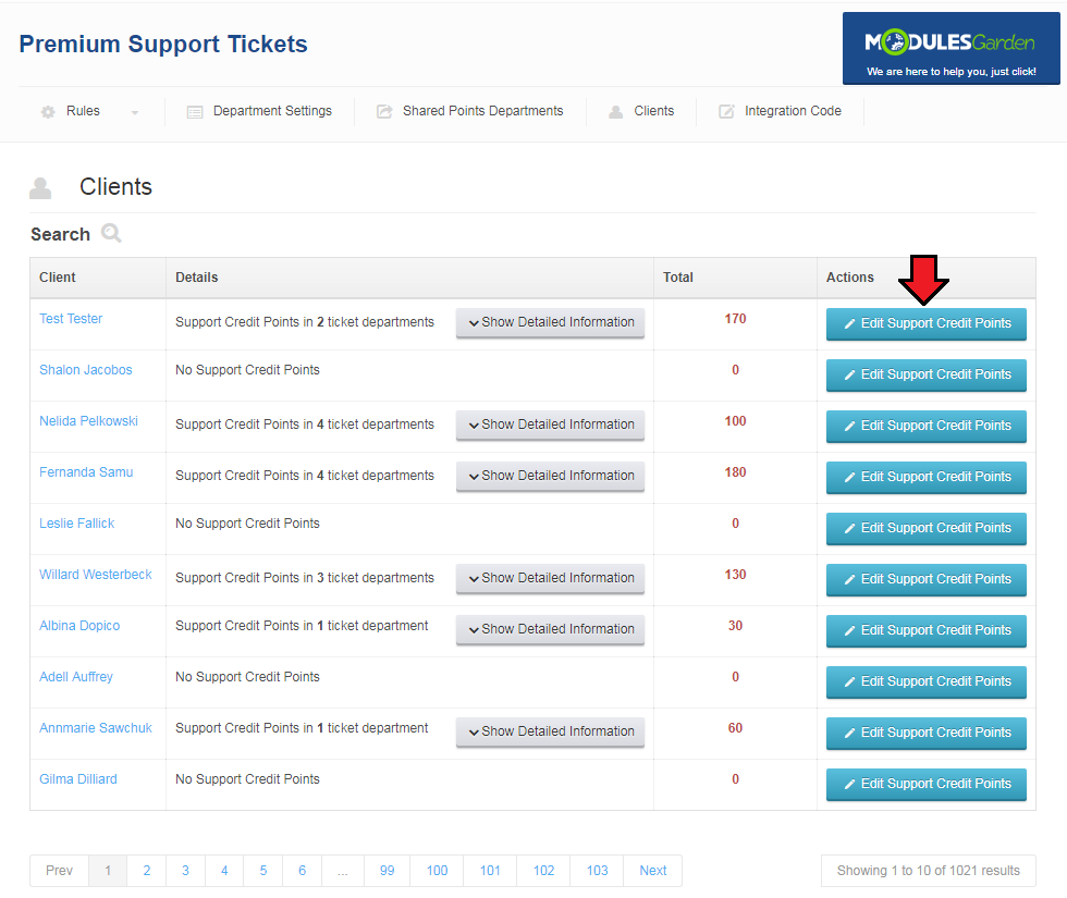 Premium Support Tickets For WHMCS: Clients tab with the Edit Support Credit Points button in the Actions column
