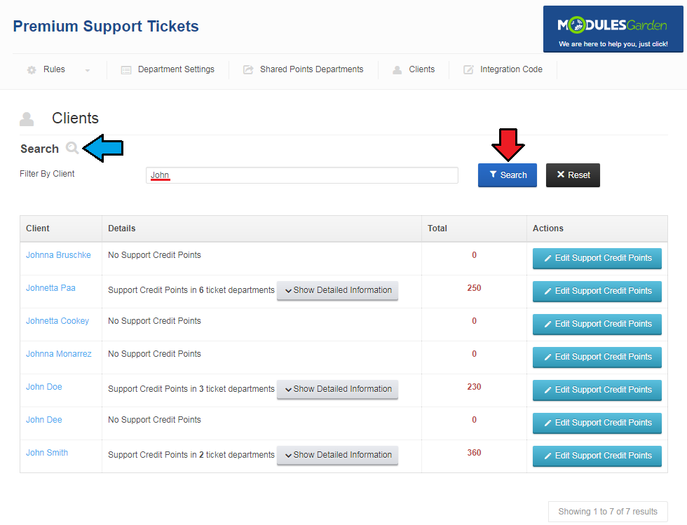 Premium Support Tickets For WHMCS: Clients tab with the Filter By Client field, Search button and list of client points