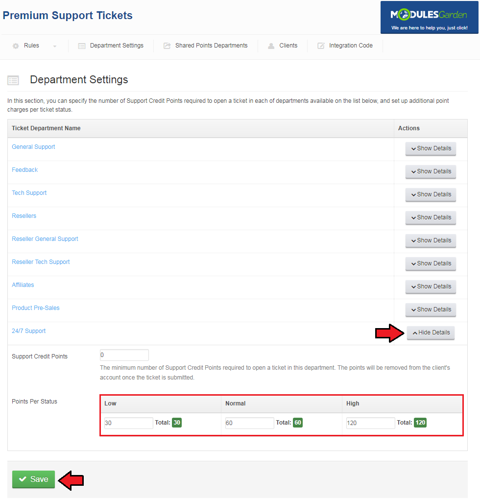 Premium Support Tickets For WHMCS: Department Settings for 24/7 Support with Low, Normal and High points