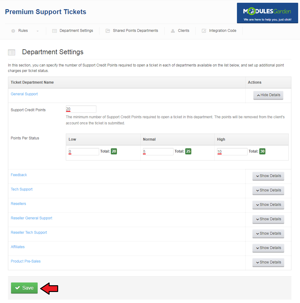Premium Support Tickets For WHMCS: Department Settings with required points, Low, Normal and High values and Save