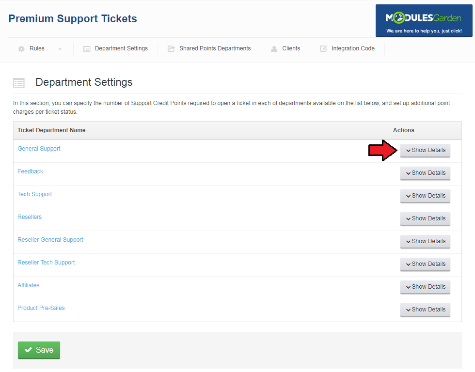 Premium Support Tickets For WHMCS: Department Settings tab with the Show Details button next to General Support