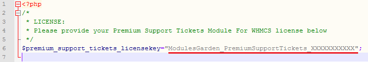 Premium Support Tickets For WHMCS: license.php file with the license key entered between quotation marks