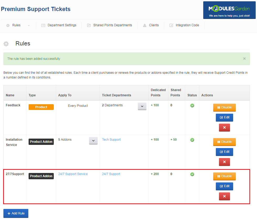 Premium Support Tickets For WHMCS: Rules list with the success message and the new 24/7 Support rule highlighted