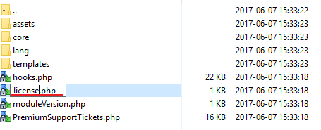 Premium Support Tickets For WHMCS: file manager with licenseRENAME.php being renamed to license.php