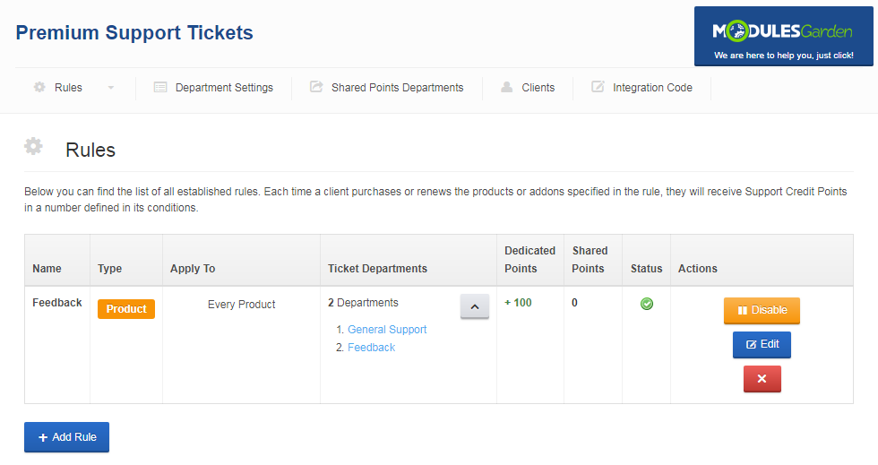 Premium Support Tickets For WHMCS: Rules list showing the newly created Feedback rule for every product