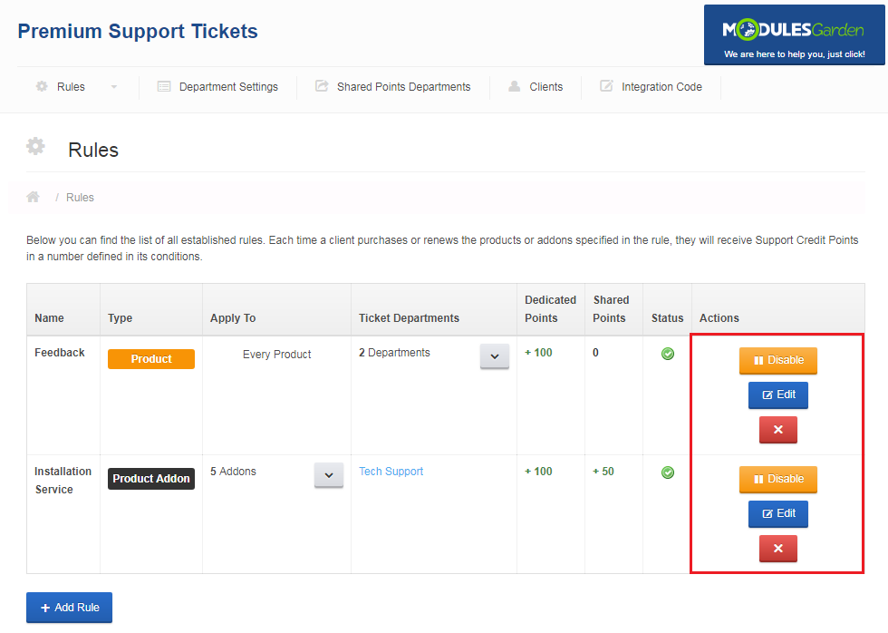 Premium Support Tickets For WHMCS: Rules list with the Disable, Edit and Delete buttons in the Actions column