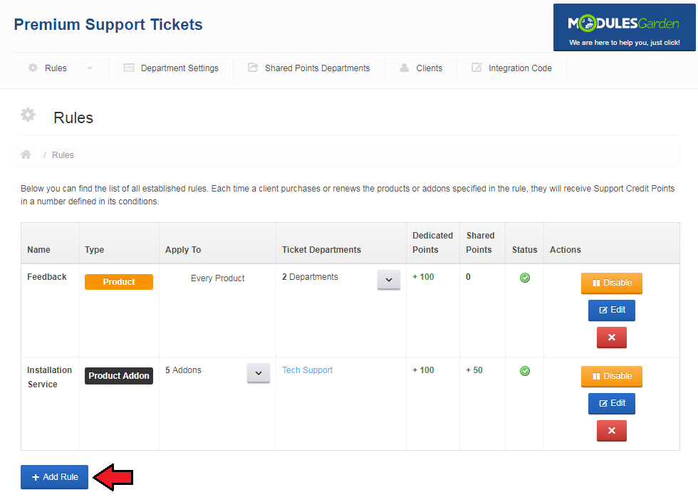 Premium Support Tickets For WHMCS: Rules list with the Add Rule button highlighted at the bottom of the table