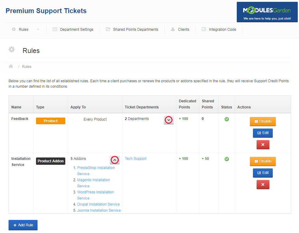 Premium Support Tickets For WHMCS: Rules list with expand buttons showing items and departments assigned to a rule