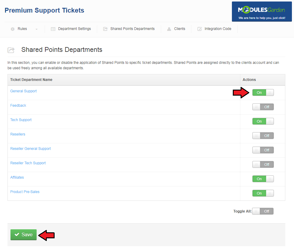 Premium Support Tickets For WHMCS: Shared Points Departments tab with On and Off switches for departments and the Save