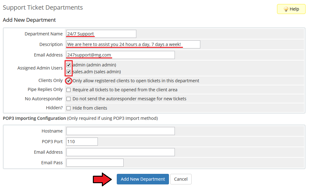 Premium Support Tickets For WHMCS: WHMCS Add New Department form with name, description, email and admin users
