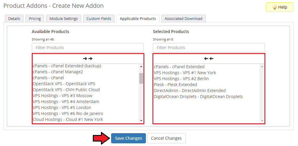 Premium Support Tickets For WHMCS: WHMCS Create New Addon form, Applicable Products tab with product lists and Save