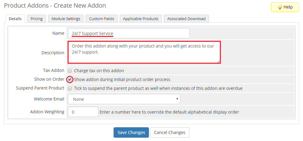 Premium Support Tickets For WHMCS: WHMCS Create New Addon form, Details tab with name, description and Show on Order