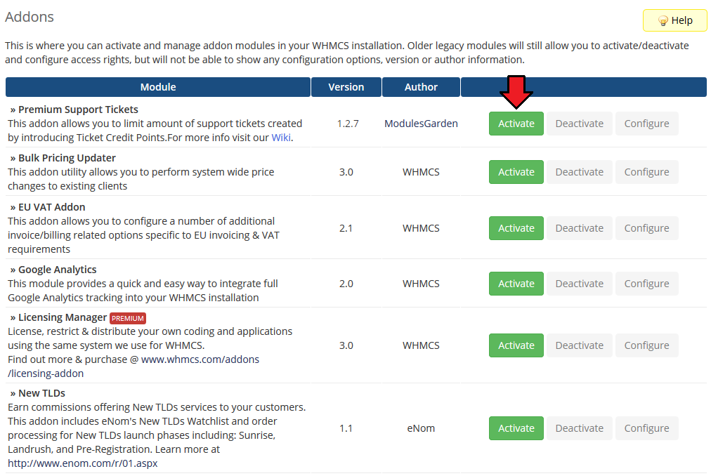 Premium Support Tickets For WHMCS: WHMCS Addon Modules list with the Activate button next to the module