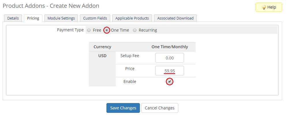 Premium Support Tickets For WHMCS: WHMCS Create New Addon form, Pricing tab with One Time payment type and price