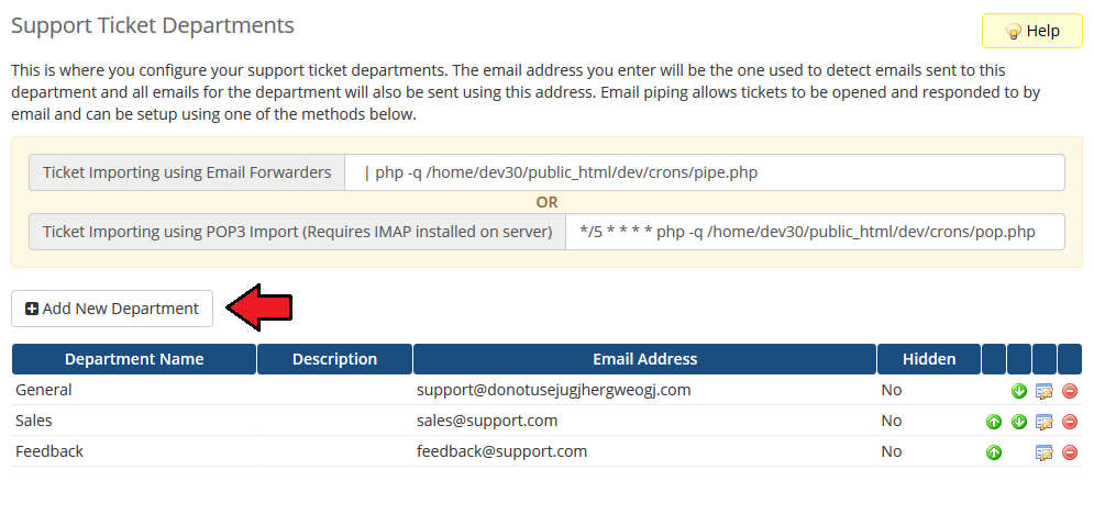 Premium Support Tickets For WHMCS: WHMCS Support Ticket Departments page with the Add New Department button