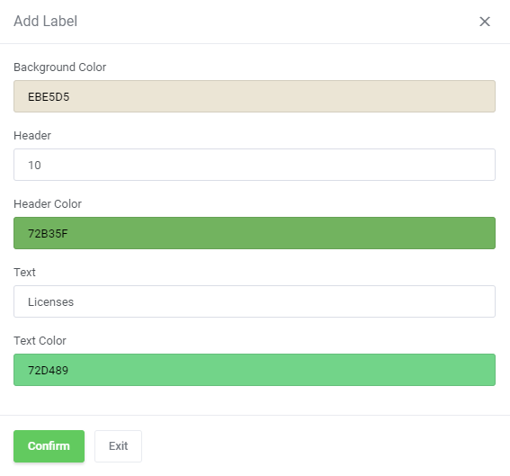 Product Cross-Selling For WHMCS: Add Label dialog with background color, header, text and text colors